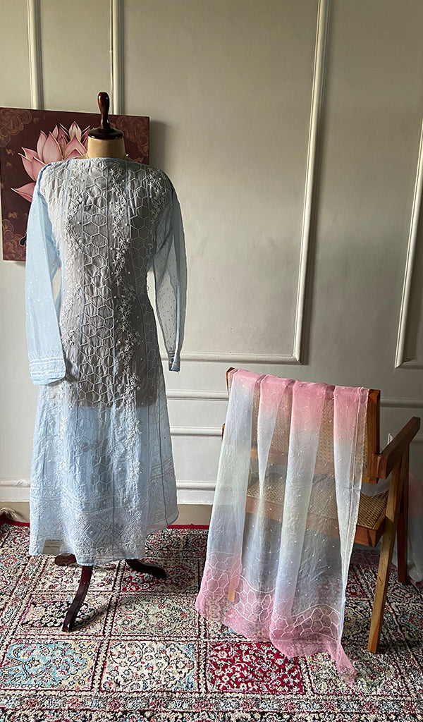Women's Lucknowi Handcrafted Pure Organza Silk Chikankari Semi- stitched Anarkali Dupatta Set- HONC0362218