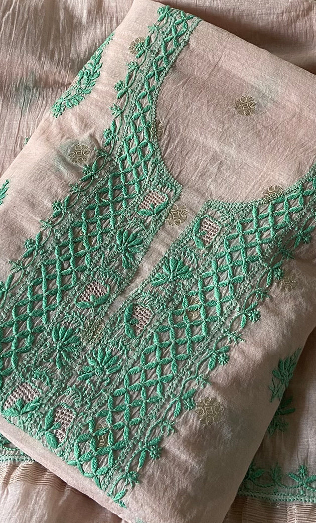 Women's Lakhnavi Handcrafted Mul Chanderi Unstitched Chikankari Full Suit Material - HONC0316863