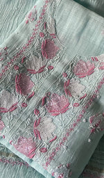 Turquoise Mul Chanderi Chikankari 2 Pc Unstitched Suit Set