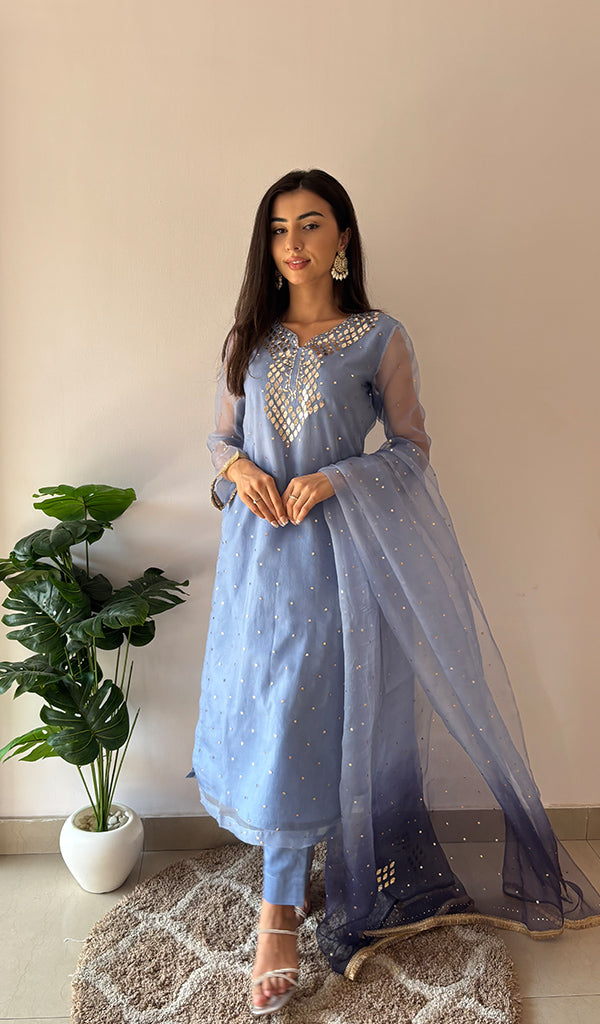 Alfia Women's Lucknowi Handcrafted Pure Organza Silk Stitched Chikankari Kurta, Dupatta With Pant Set- HONC0366950