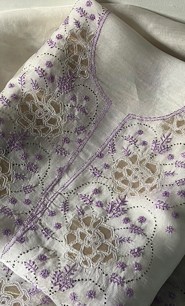 Women's Lakhnavi Handcrafted Pure Organza Chikankari Unstitched Kurta And Dupatta Set- HONC0336955