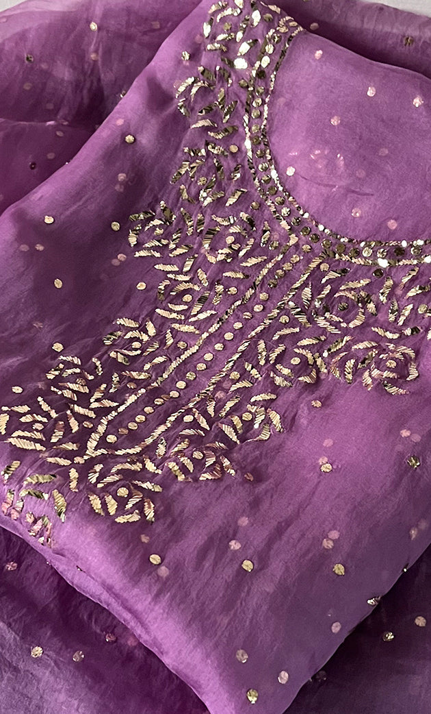 Marifa Women's Lakhnavi Handcrafted Pure Organza Chikankari Unstitched Kurta And Dupatta Set- HONC0317960