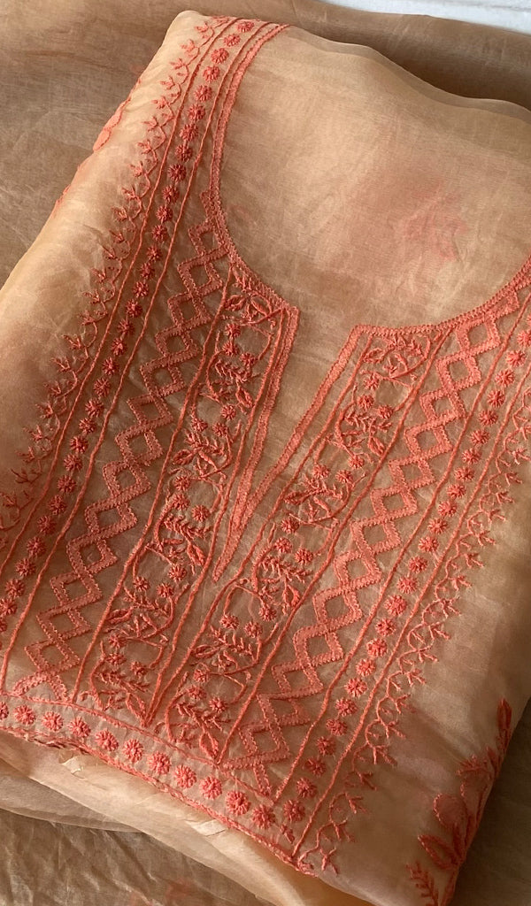 Women's Lakhnavi Handcrafted Pure Organza Chikankari Unstitched Kurta And Dupatta Set- HONC0365702