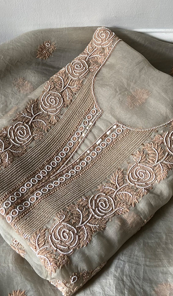 Women's Lakhnavi Handcrafted Pure Organza Chikankari Unstitched Kurta And Dupatta Set - HONC0352105