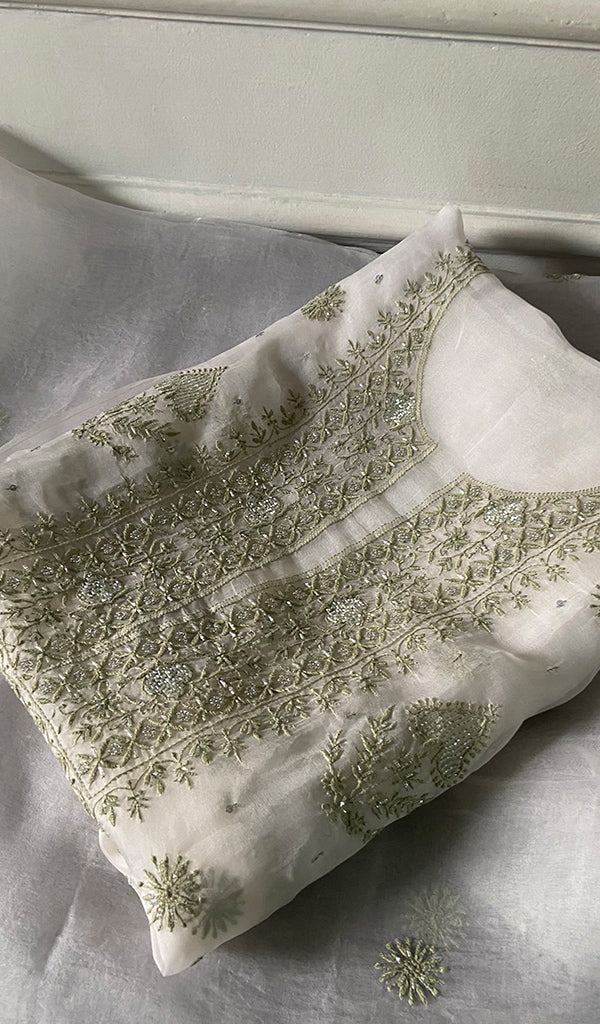 Women's Lakhnavi Handcrafted Pure Organza Chikankari Unstitched Kurta And Dupatta Set- HONC0340873