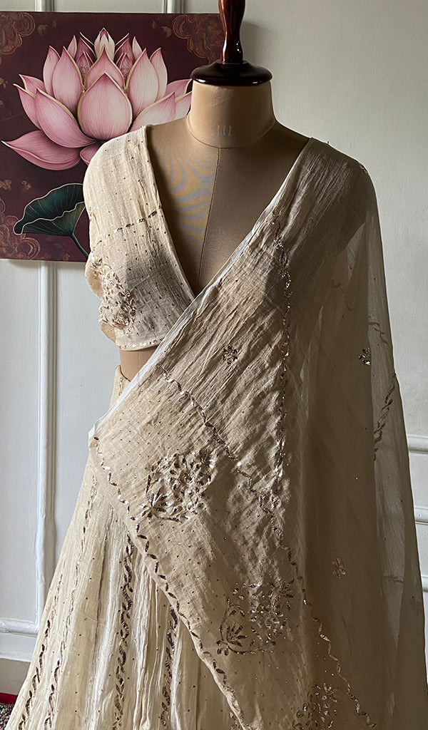 Women's Lakhnavi Handcrafted Bridal Tissue Chanderi Chikankari Lehenga Set - HONC0353217