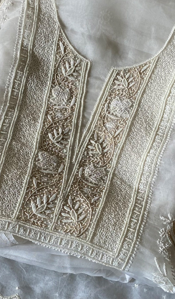 Women's Lakhnavi Handcrafted Pure Organza Chikankari Unstitched Kurta And Dupatta Set- HONC0348020