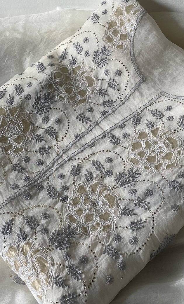 Women's Lakhnavi Handcrafted Pure Organza Chikankari Unstitched Kurta And Dupatta Set- HONC0311879