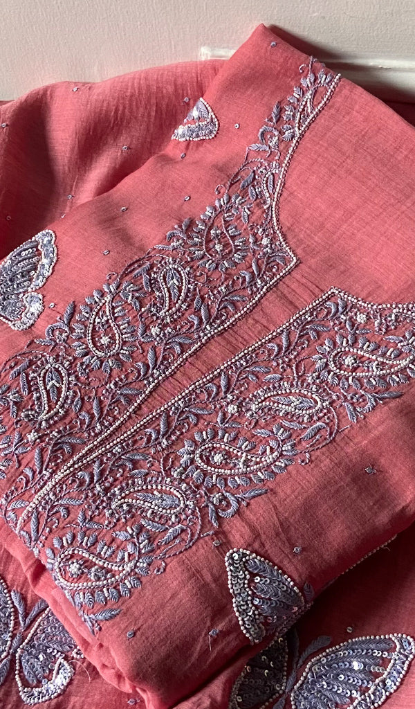 Titlee Women's Lakhnavi Handcrafted Mul Chanderi Unstitched Chikankari Full Suit Material - HONC0312077