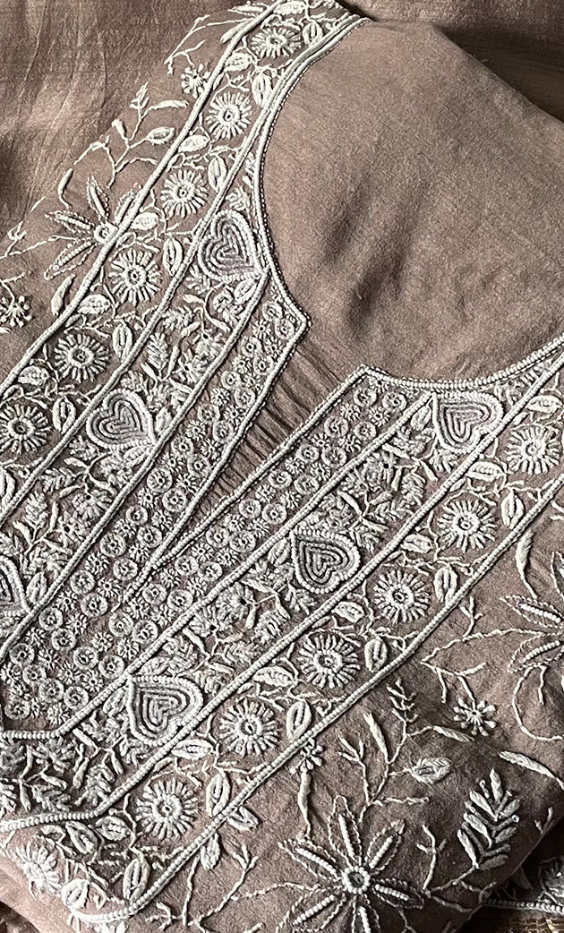 Women's Lakhnavi Handcrafted Unstitched Munga Silk Chikankari Kurta And Dupatta Set- HONC0280937