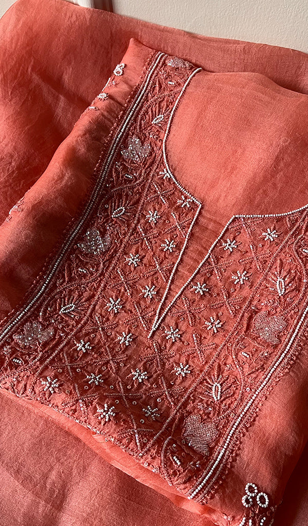 Women's Lakhnavi Handcrafted Pure Organza Chikankari Unstitched Kurta And Dupatta Set- HONC0257505