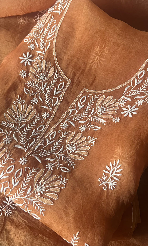 Women's Lakhnavi Handcrafted Pure Organza Chikankari Unstitched Kurta And Dupatta Set- HONC0319189