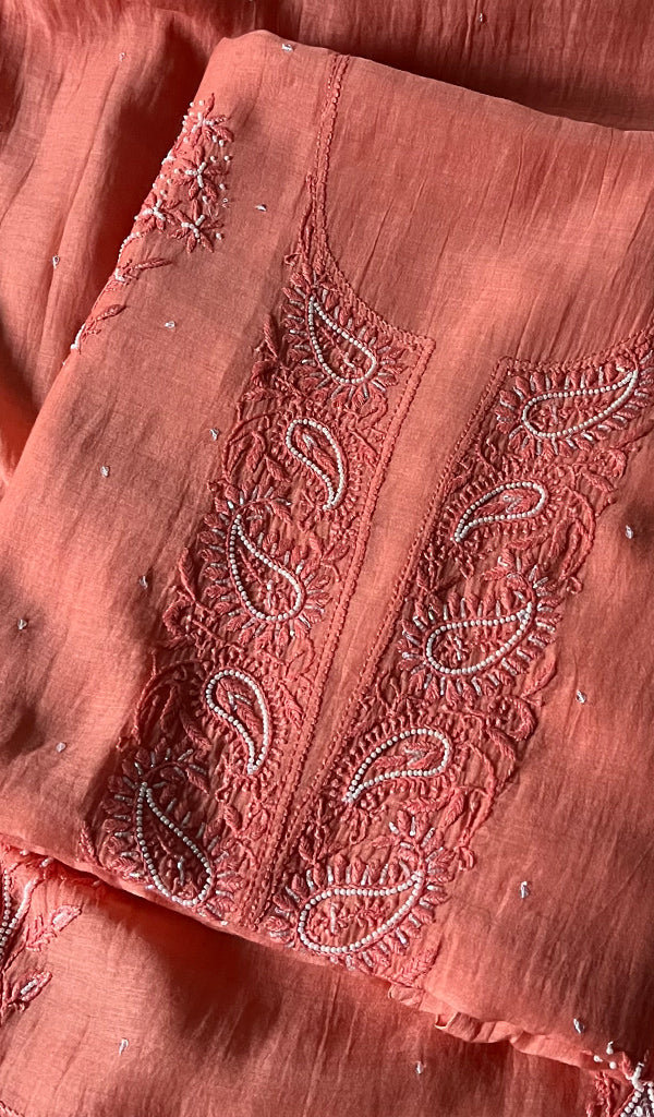 Women's Lakhnavi Handcrafted Mul Chanderi Unstitched Kurta And Dupatta Set - HONC0253625