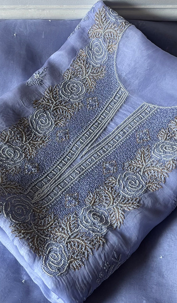 Women's Lakhnavi Handcrafted Pure Organza Chikankari Unstitched Kurta And Dupatta Set- HONC0342727