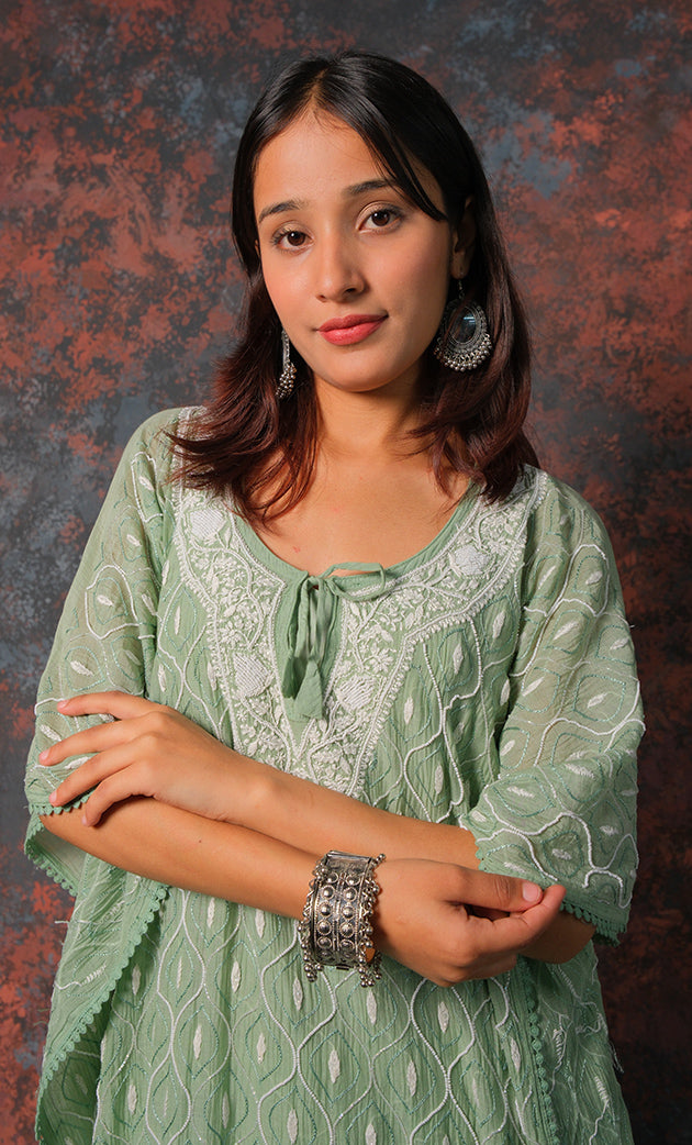 Rabia Women's Lucknowi Handcrafted Mul chanderi Chikankari Kaftan - HONC0313259