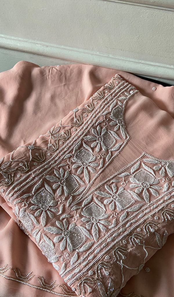 Women's Lucknowi Handcrafted Viscose Georgette Unstitched Chikankari Suit Material - HONC0352495