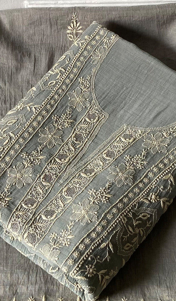Women's Lakhnavi Handcrafted Mul Chanderi Unstitched Chikankari Full Suit - HONC0353415