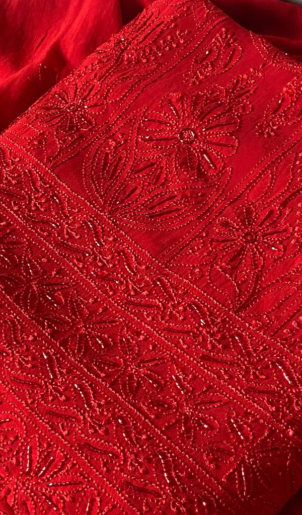 Women's Lucknowi Handcrafted Viscose Georgette Unstitched Chikankari Suit Material - HONC0317983