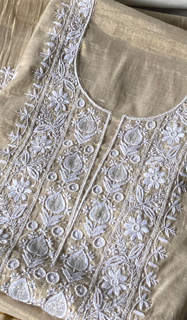 Women's Lakhnavi Handcrafted Tissue Chanderi Unstitched Chikankari Kurta And Dupatta Set - HONC0366822