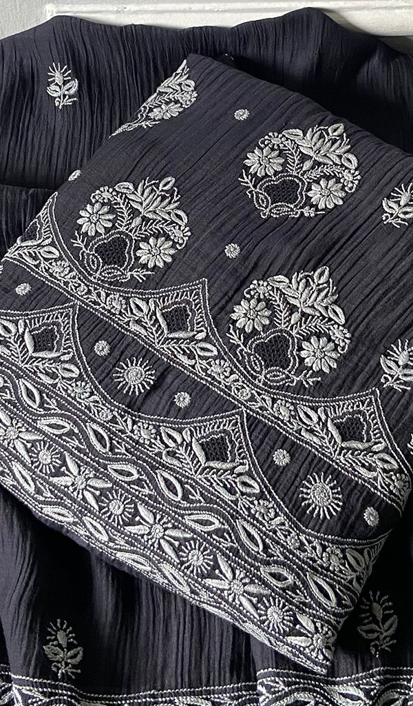 Women's Lakhnavi Handcrafted Mul Chanderi Unstitched Chikankari Full Suit Material - HONC0374241