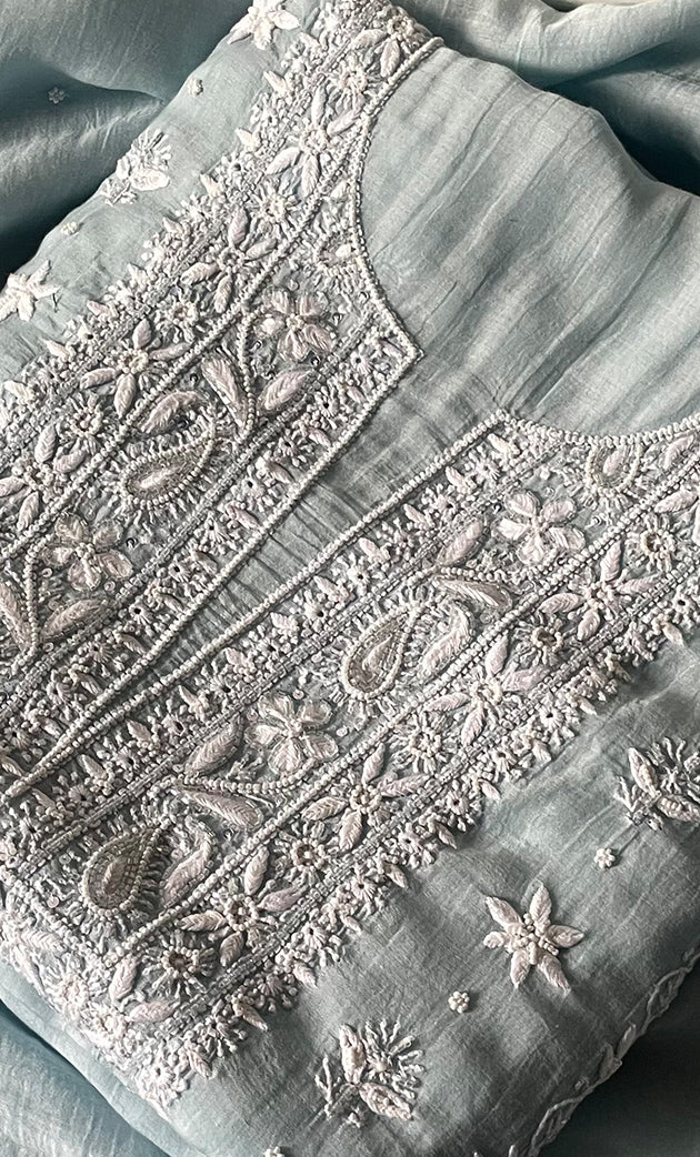 Women's Lakhnavi Handcrafted Unstitched Mul Chanderi Kurta And Dupatta Set - HONC0329030