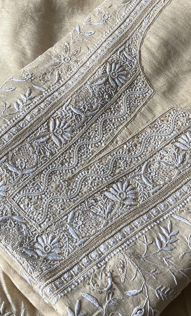 Women's Lakhnavi Handcrafted Unstitched Munga Silk Chikankari Kurta And Dupatta Set- HONC0275148
