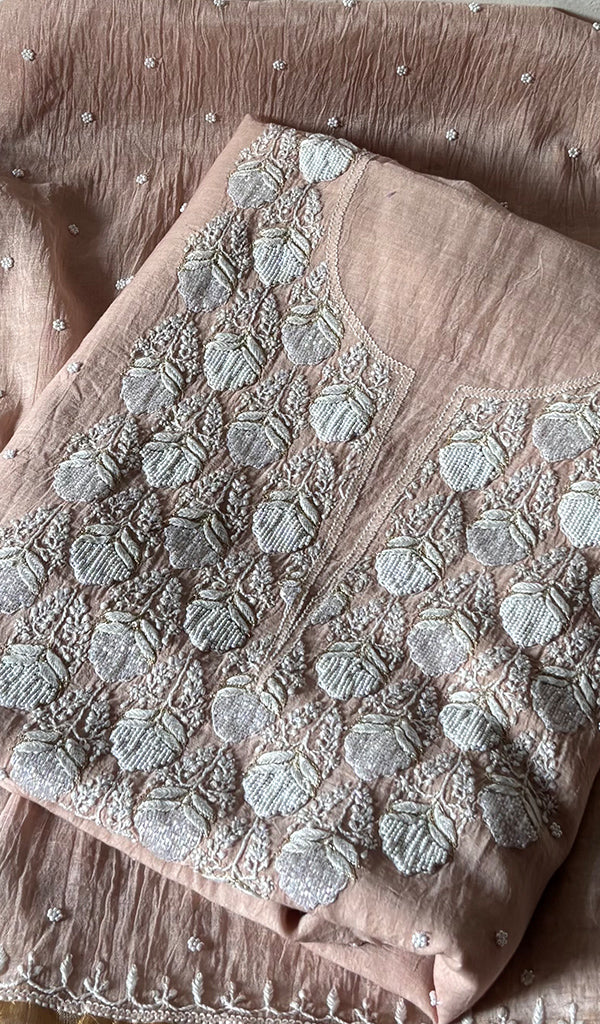 Jazba Women's Lakhnavi Handcrafted Mul Chanderi Unstitched Kurta And Dupatta Set - HONC0353196