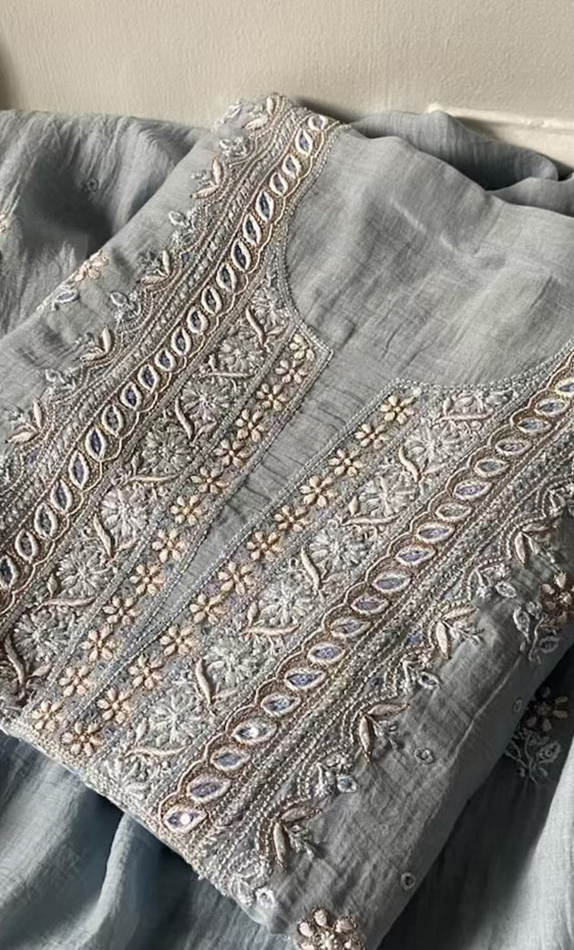 Women's Lakhnavi Handcrafted Mul Chanderi UnStitched Kurta And Dupatta Set - HONC0318519