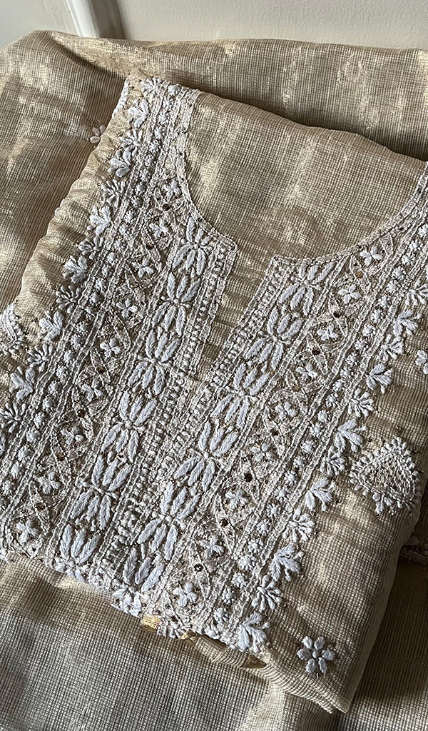 Naaz Women's Lucknowi Handcrafted Kota Chanderi Chikankari UnStitched Kurta And Dupatta Set - HONC0250376