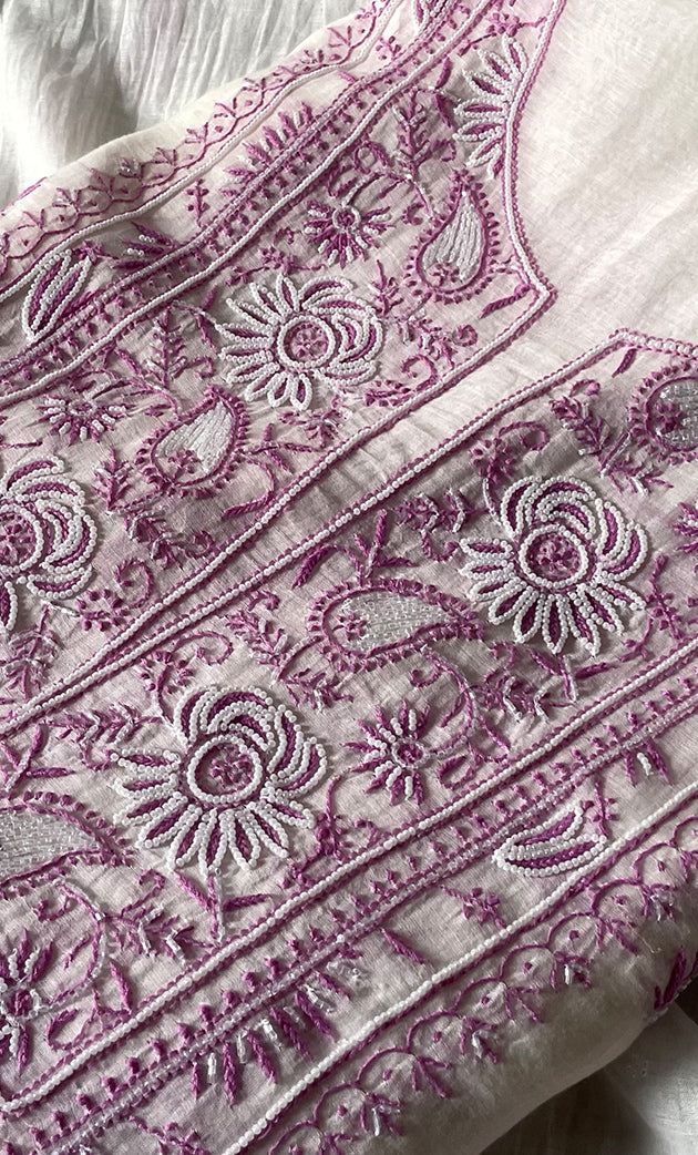 Women's Lakhnavi Handcrafted Unstitched Mul Chanderi Kurta And Dupatta Set - HONC0327488