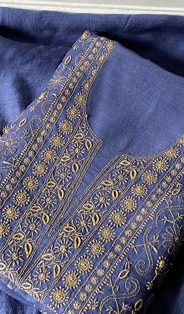 Women's Lakhnavi Handcrafted Unstitched Munga Silk Chikankari Kurta And Dupatta Set- HONC0357039