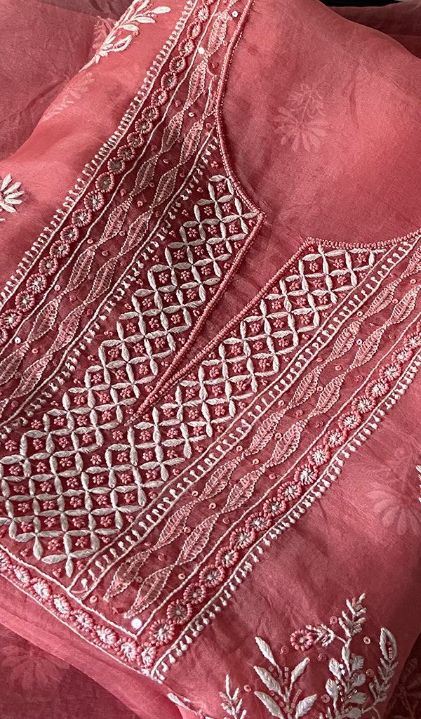 Women's Lakhnavi Handcrafted Pure Organza Chikankari Unstitched Kurta And Dupatta Set- HONC0335079