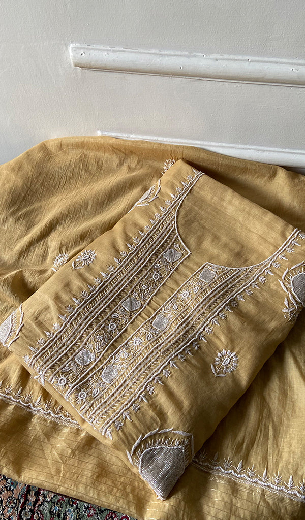 Women's Lakhnavi Handcrafted Mul Chanderi Unstitched  Chikankari Full Suit Material - HONC0334940
