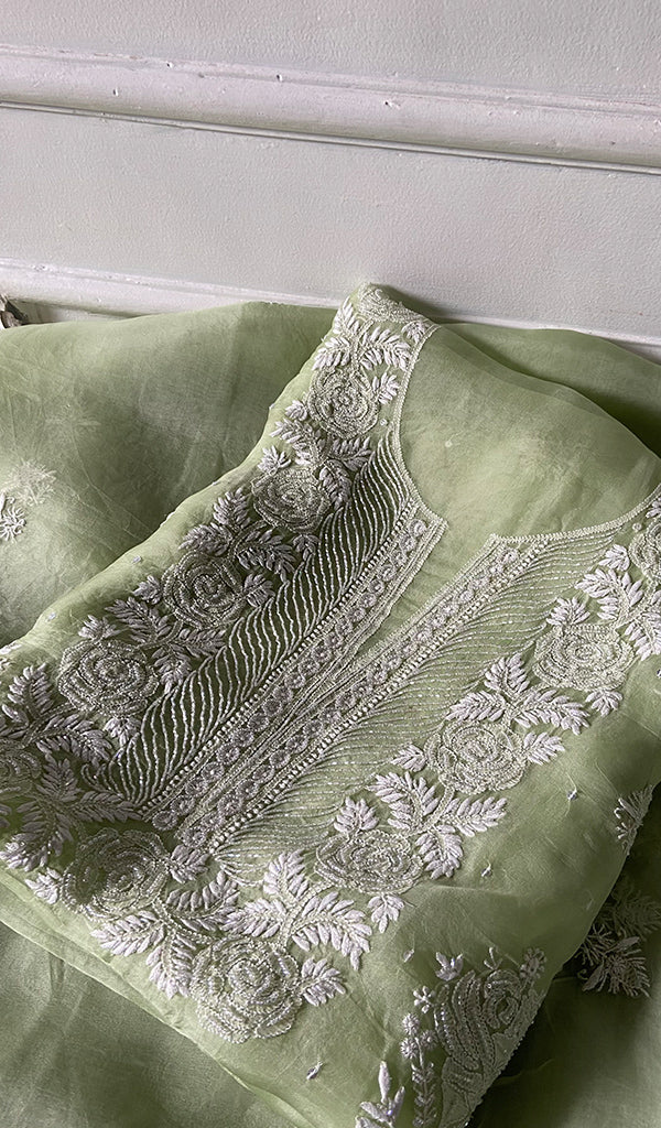Women's Lakhnavi Handcrafted Pure Organza Chikankari Unstitched Kurta And Dupatta Set- HONC0352106