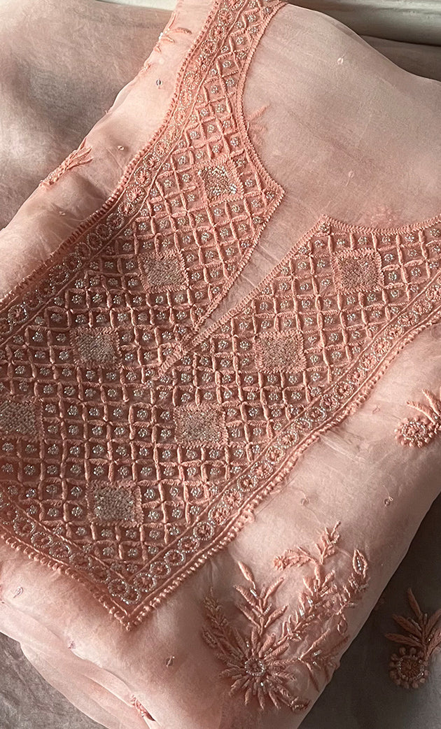 Women's Lakhnavi Handcrafted Pure Organza Chikankari Unstitched Kurta And Dupatta Set- HONC0328269