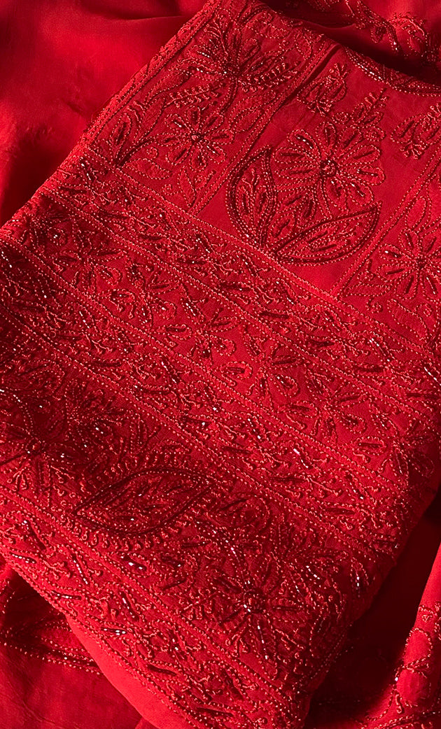 Women's Lakhnavi Handcrafted Viscose Georgette Unstitched Chikankari Full Suit Material - HONC0325145