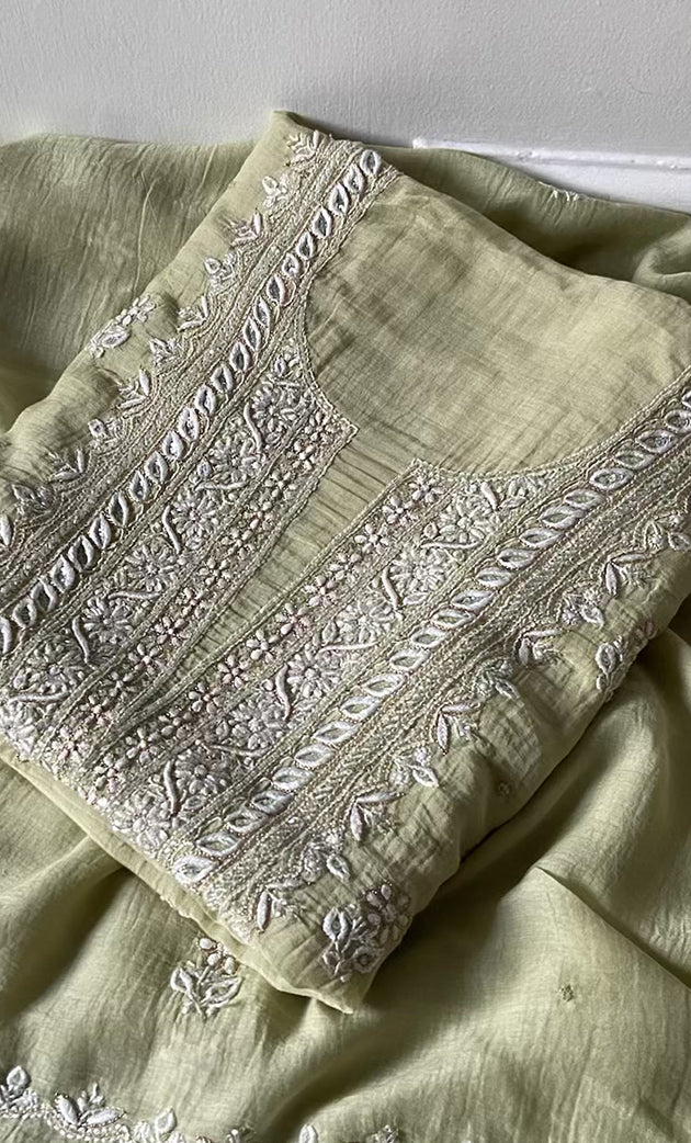 Women's Lakhnavi Handcrafted Mul Chanderi UnStitched Kurta And Dupatta Set - HONC0318527