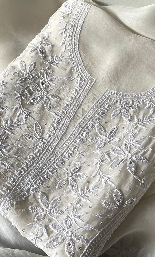 Women's Lakhnavi Handcrafted Pure Organza Chikankari Unstitched Kurta And Dupatta Set- HONC0328886