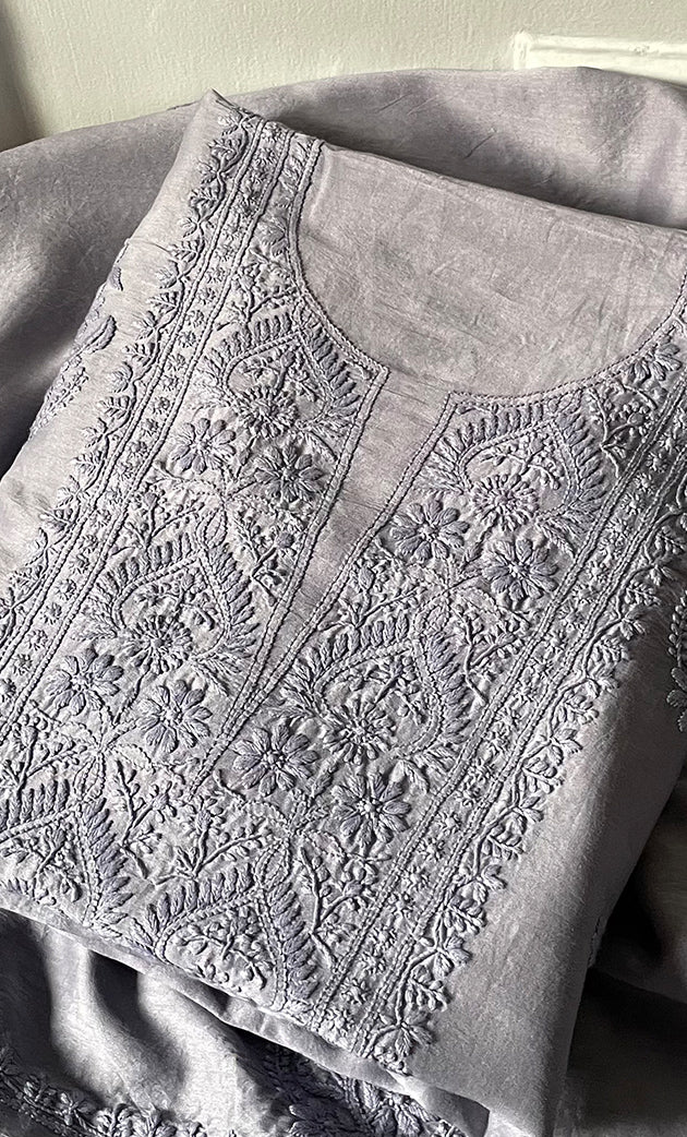 Women's Lucknowi Handcrafted Chanderi Silk Chikankari Full Suit Material - HONC0322745