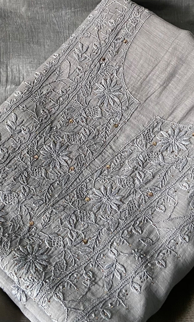 Women's Lakhnavi Handcrafted Mul Chanderi Unstitched Chikankari Full Suit Material - HONC0324473