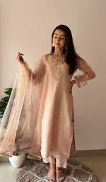 Load image into Gallery viewer, Alfia Women's Lucknowi Handcrafted Pure Organza Silk Stitched Chikankari Kurta, Dupatta With Pant Set- HONC0362256