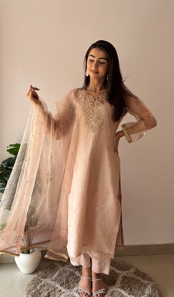 Alfia Women's Lucknowi Handcrafted Pure Organza Silk Stitched Chikankari Kurta, Dupatta With Pant Set- HONC0362256