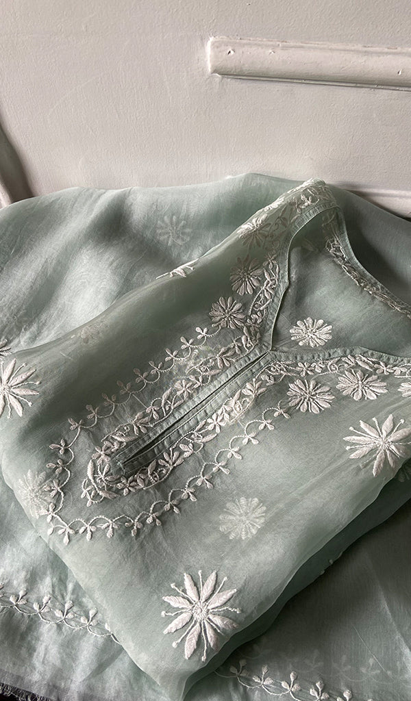Mayuri Women's Lakhnavi Handcrafted Pure Organza Silk Chikankari Semi - stitched Full Suit Material - HONC0348612