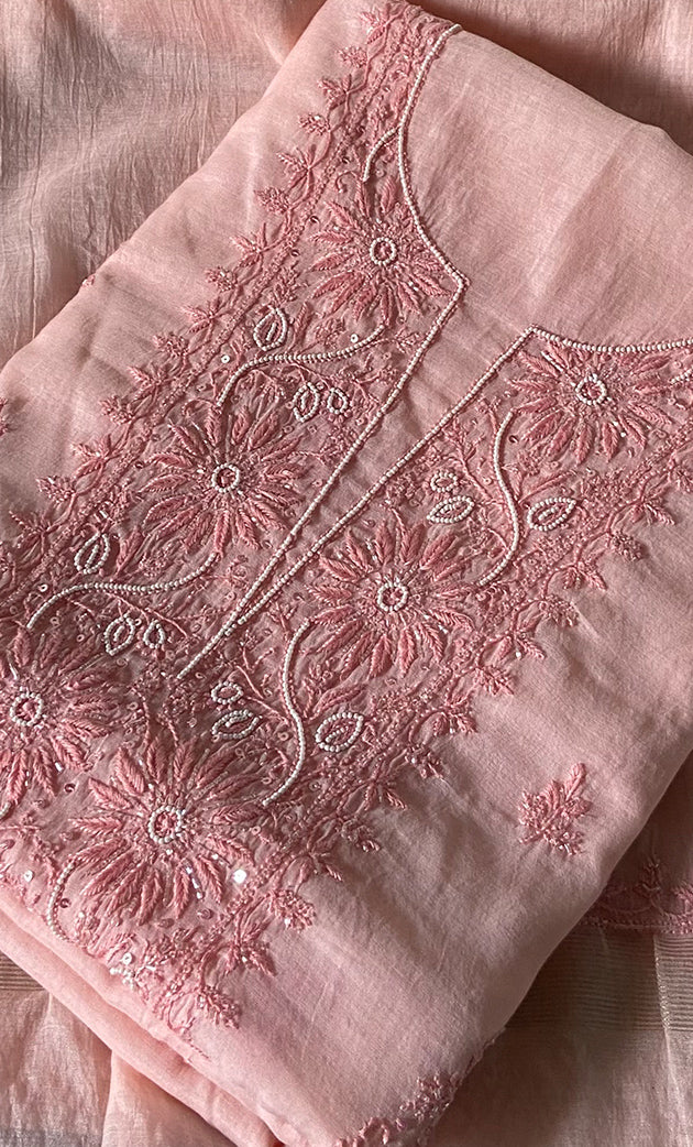 Women's Lakhnavi Handcrafted Mul Chanderi Unstitched Chikankari Full Suit Material - HONC0297193