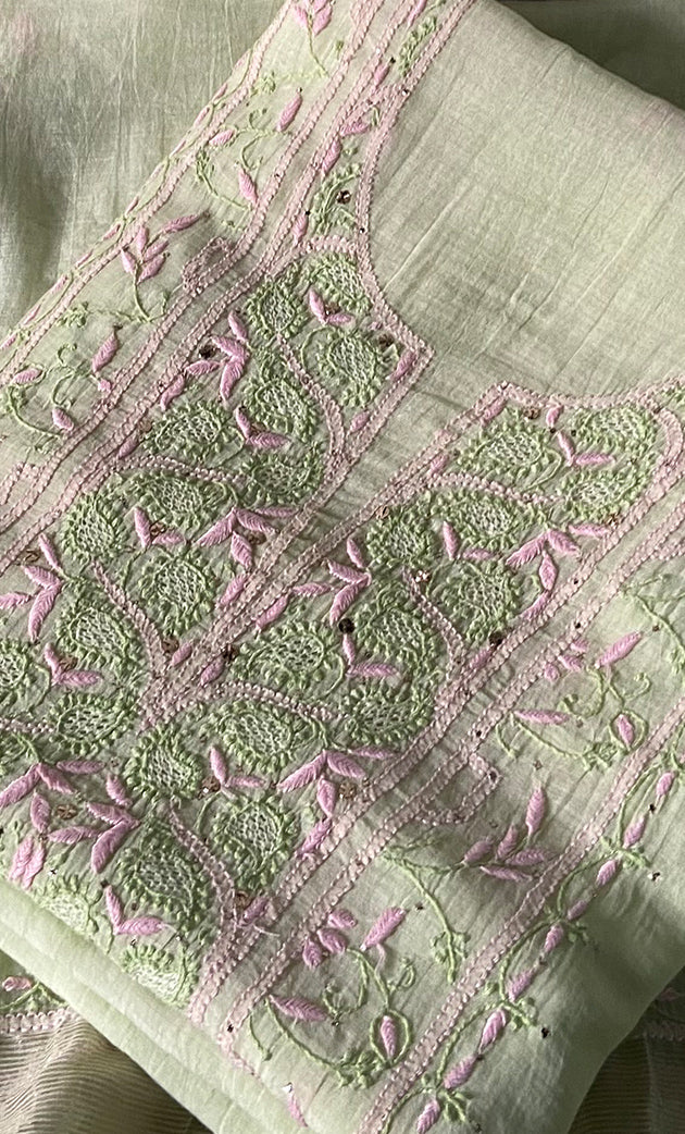 Women's Lakhnavi Handcrafted Mul Chanderi Unstitched Chikankari Full Suit Material - HONC0324497