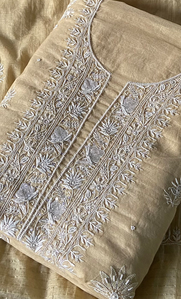Women's Lakhnavi Handcrafted Mul Chanderi Unstitched Chikankari Full Suit Material - HONC0328321