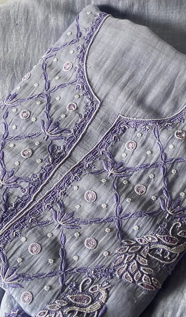 Women's Lakhnavi Handcrafted Mul Chanderi  Unstitched Chikankari Full Suit Material - HONC0339567