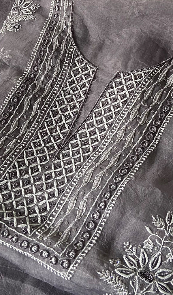 Women's Lakhnavi Handcrafted Pure Organza Chikankari Unstitched Kurta And Dupatta Set- HONC0335082