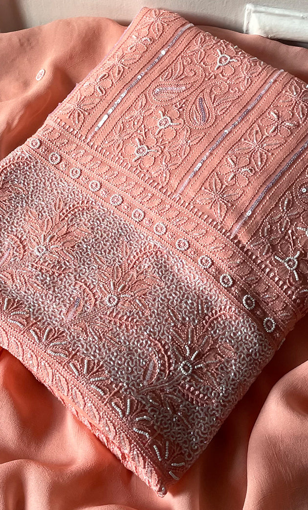 Women's Lakhnavi Handcrafted Viscose Georgette Chikankari Full Suit Material - HONC0299909