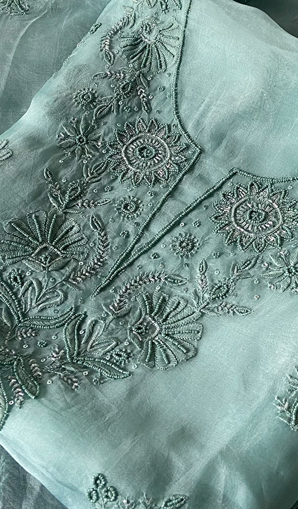Women's Lakhnavi Handcrafted Pure Organza Chikankari Unstitched Kurta And Dupatta Set- HONC0329223